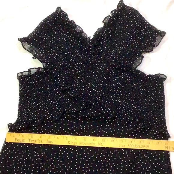LUCY PARIS ‘Dorothy’ Black Chiffon White Dots Smocked Shoulder Side Zip - Picture 7 of 10